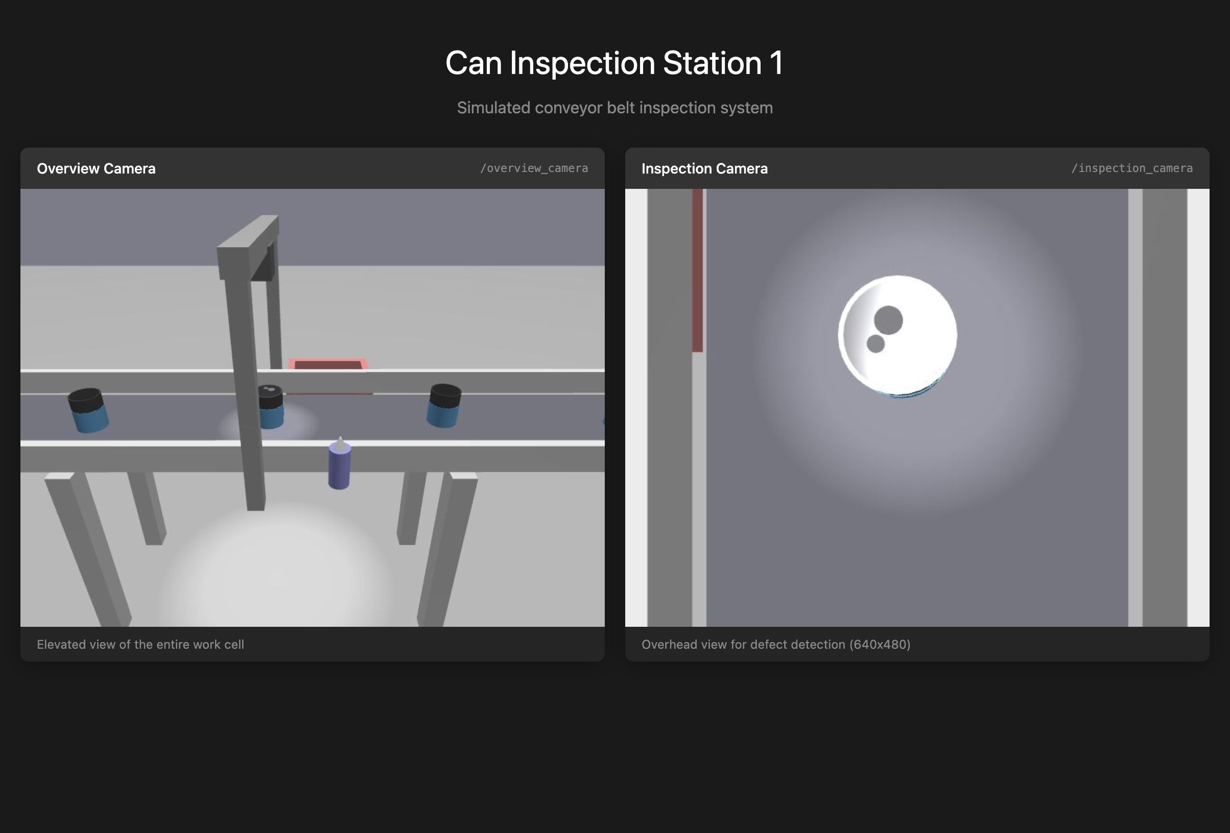 Gazebo web viewer showing the Can Inspection Station with Overview Camera and Inspection Camera views.