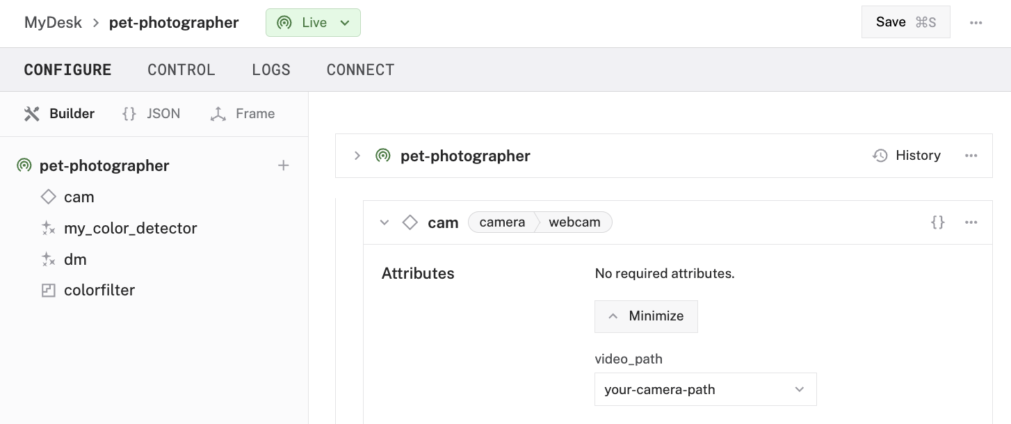An instance of the webcam component named &lsquo;cam&rsquo;